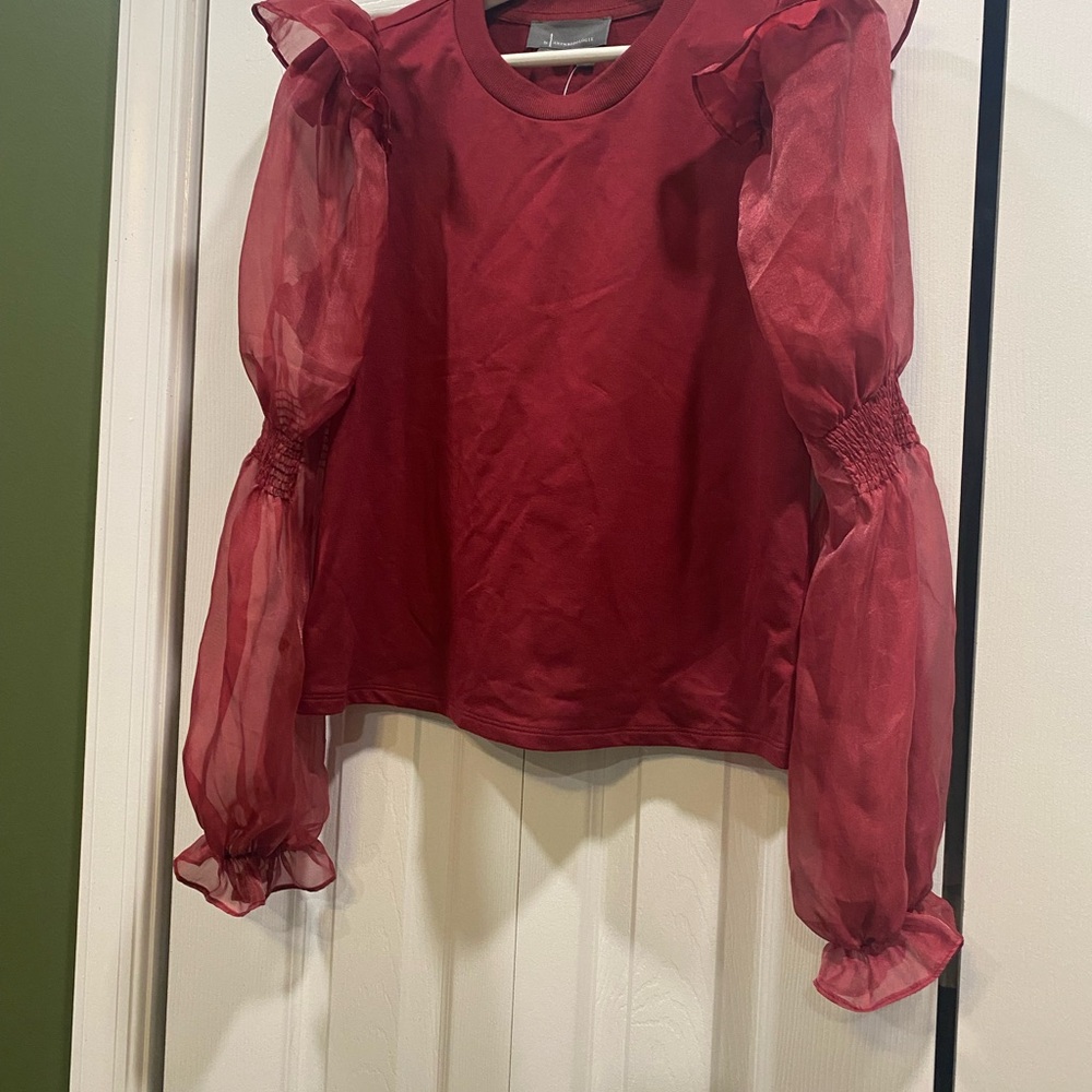 Anthropologie Red Blouse with Sheer Sleeves